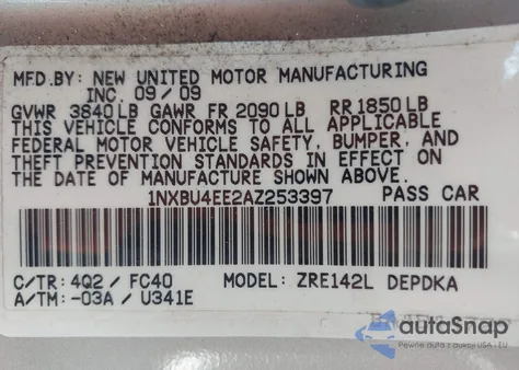 2010 Toyota Corolla Le z USA, uszkodzony, nr VIN 1NXBU4EE2AZ253397